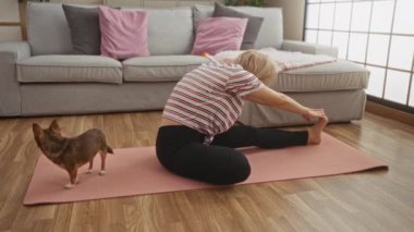 Genç sarışın bir kadın, yakınlarda küçük bir chihuahua köpeği olan rahat bir oturma odasında pembe bir paspasın üzerinde yoga yapıyor..