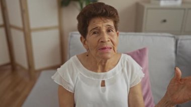 Kısa saçlı yaşlı kadın oturma odasında oturuyor, beyaz bluz giyiyor, kameraya bakıyor, İspanyol, olgun, evde konuşuyor, son sınıf öğrencisi.