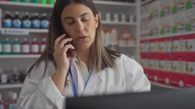 Eczanede çalışan esmer bir kadın, beyaz önlük giymiş, cep telefonuyla konuşuyor, bilgisayar ekranına bakarken, çeşitli ilaç ve ürünlerle dolu raflarla çevrili..