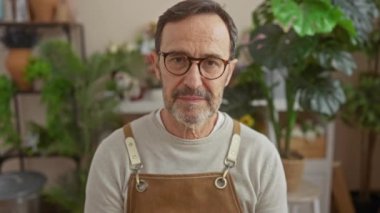 Sakallı, gözlüklü ve önlüklü gülümseyen yaşlı adam bitkilerle çevrili bir çiçekçide duruyor..