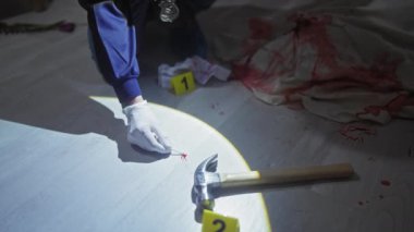 Ciddi bir kel müfettiş, kapalı bir suç mahallinde eldivenle, kanla, çekiçle ve numaralandırılmış işaretlerle kanıtları inceler..