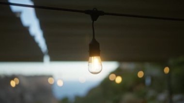 Bir ipin üzerinde asılı tek bir ampulün yakın plan görüntüsü açık hava akşam ışıkları ve manzaralı doğal bir manzara, sakin bir alacakaranlık atmosferi yakalıyor..