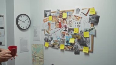 Elinde kahve fincanı olan olgun bir adam polis merkezindeki soruşturma kurulunda ipuçlarını inceliyor..