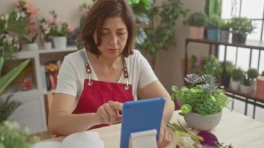 Kırmızı önlüklü orta yaşlı bir İspanyol kadın kapalı bir çiçekçide tablet kullanıyor..