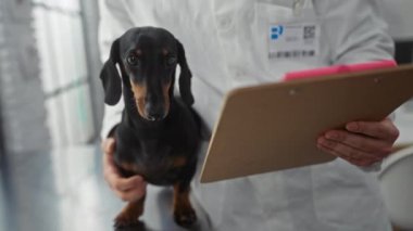 Veteriner, veteriner kliniğindeki muayene masasında elinde tekel bir köpekle bir dosya tutuyor..