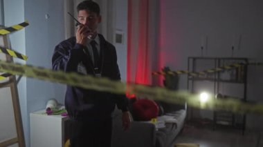 Dedektif Man, olay yerini karanlık mekanlarda, uyarı bandıyla, telsiz iletişimiyle inceliyor..