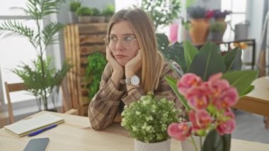 Kapalı mekanda oturan düşünceli kadın canlı çiçekler ve çiçeklerle çevrili çiçekçi dükkanında.