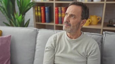 Orta yaşlı bir adam, ciddi bir ifadeyle, kendinden emin bir şekilde kameraya bakıyor. Bir süveter giyer, basit ve doğal bir görünüm yayar. Evinin içinde rahat bir şekilde oturuyordu..