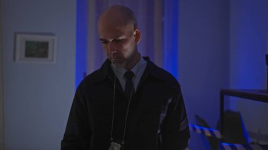 Dedektif gibi giyinmiş, sakallı, dalgın, kel bir adam, loş ışıkta, kapalı bir suç mahallinde duruyor, ciddiyet ve soruşturma havası yayıyor..