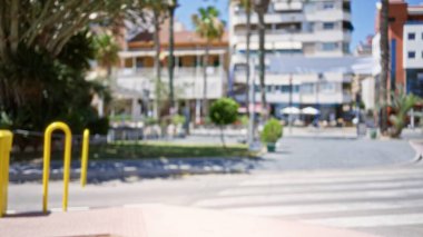 Bulanık binalar, ağaçlar ve yaya geçidi olan güneşli bir açık hava kentsel alanının arka plan görüntüsü