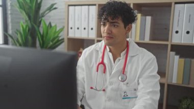 Klinikteki genç İspanyol erkek doktor bilgisayarında çalışırken başarılı bir anı kutluyor..