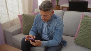 Orta yaşlı bir adam oturma odasında oturuyor, akıllı telefon kullanıyor, kot ceket giyiyor, düşünceli bir ifade takınıyor, rahat bir evde, kanepede yastıklarla çevrili.