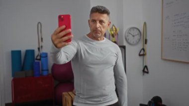 Spor salonunda spor aletleri ve spor aksesuarlarıyla selfie çeken orta yaşlı bir adam.