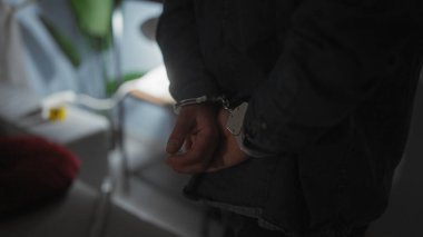 Elleri kelepçeli erkek şüphelinin, hafif aydınlatılmış sorgu odasında gergin bir suç öyküsünü aktarırken yakın plan görüntüsü..