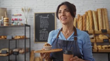 Bir kadın fırında kahve ve kek tutarken, arkasında ekmek vardı.