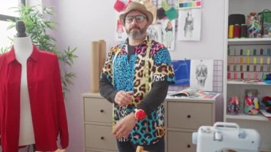 Renkli tişörtlü, sakallı, kendine güvenen bir tasarımcı. Terzi atölyesinde dikiş ekipmanıyla gururla duruyor..