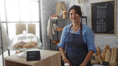 İspanyol kadın pastanede önlük giyip kameraya gülümserken etrafında hamur işleri ve ekmek sergiliyor.