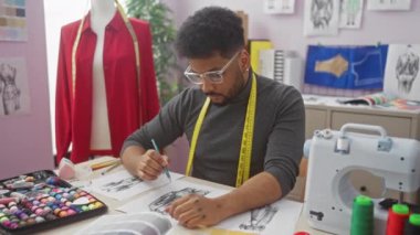 Odaklanmış bir adam canlı bir terzi dükkanında manken, kumaş örnekleri ve dikiş makinesiyle moda tasarımları çizer..