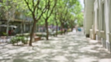 Bulanık ağaçlarla, patikalarla ve güneşli şehir ortamındaki binalarla odağını kaybetmiş açık hava sahnesi.