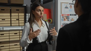 İki kadın, arka planda dosya dolapları ve kayıp kişi ilanlarıyla bir polis merkezinde tartışıyor..