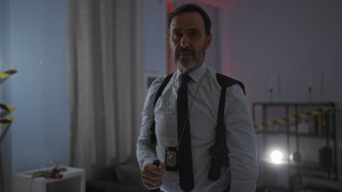 Sakallı olgun bir adam, bastırılmış ışıklandırma ve suç mahalli bandı olan bir odada bir dedektifi canlandırıyor, otoriteyi ve ciddiyeti somutlaştırıyor..