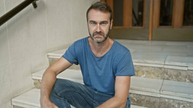 Yakışıklı, orta yaşlı, sakallı bir İspanyol adam şehir basamaklarında bir evin önünde rahatça oturur ve rahat bir sokak havası yayar..