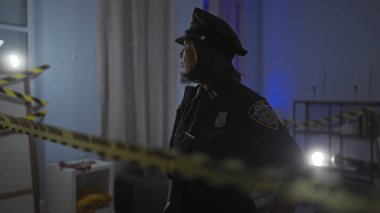 Orta yaşlı İspanyol bir kadın polis memuru loş ışıkta yanan bir suç mahallini inceliyor..