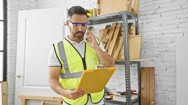 Güvenlik yeleği ve koruyucu gözlüklü odaklanmış bir İspanyol telefonda konuşuyor ve bir marangoz atölyesinde pano tutuyor..