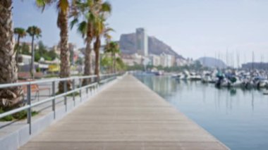 Güneşli bir günde arka planda dağlar ve binalar olan açık havada marinaya doğru uzanan palmiye ağaçlarının olduğu bir patika.