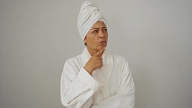 Bornoz ve havlu giymiş kadın çenesinde parmaklarıyla düşünüyor, şüpheyle yukarı bakıyor ve merak ediyor orta yaşlı kadın, beyaz arka planda soyutlanmış, konsantre olmuş ve düşünceli bir ifade. 