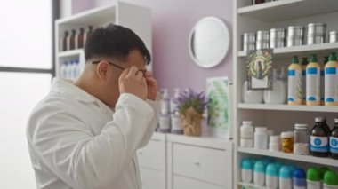 Eczanede beyaz önlük giyen genç bir Çinli, çeşitli sağlık ürünleri ve duvardaki bir saatle çevrili bir raftaki ilaç şişelerini inceliyor..