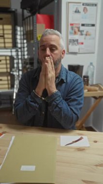 Elleri kelepçeli dalgın bir adam, arka planda bir suç tahtası ve kanıtlarla polis merkezinde bir masada oturuyor..