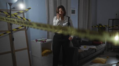 Middle-aged hispanic woman detective communicates via walkie-talkie at a crime scene indoors. clipart