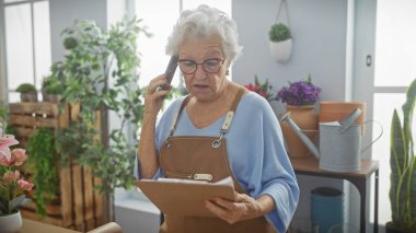 Telefondaki yaşlı kadın çiçekçide pano tutuyor. Etrafı bitkilerle çevrili.