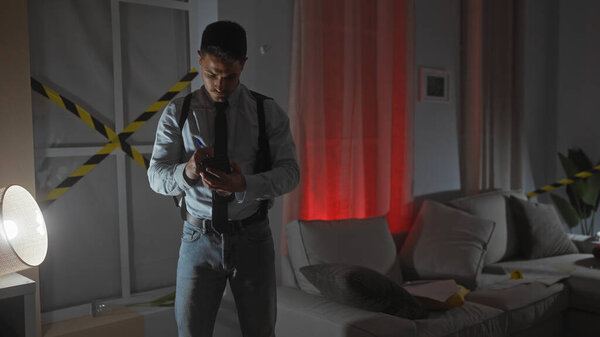 Young Hispanic Man Takes Notes Crime Scene Indoors Caution Tape Stock Image