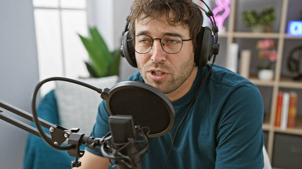Hispanic Man Beard Speaks Microphone Well Equipped Radio Studio Wearing Royalty Free Stock Images