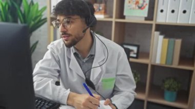 Laboratuvar önlüğü giymiş odaklanmış bir adam modern bir klinik ortamında video görüşmesi sırasında etkileşime girer..