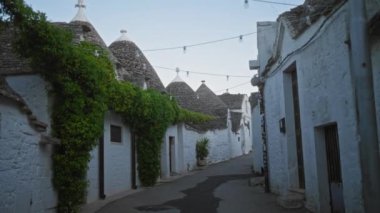 Alberobello, İtalya 'da beyazlatılmış trulli evleri ve yeşil sarmaşıkları olan dar kaldırım taşı caddesi..