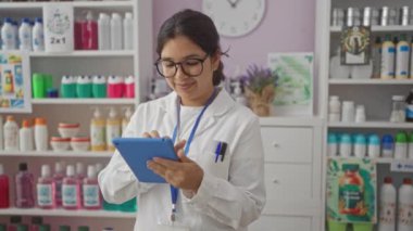 Eczacı, üniformalı genç İspanyol kadın parmak hareketleriyle kendini gösteriyor, ciddi bir ifade, eczanede kameradasın.