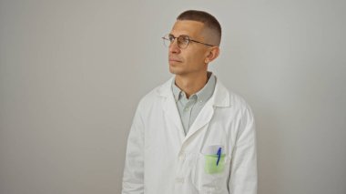 Beyaz önlüklü ve gözlüklü genç adam izole edilmiş beyaz arka planda duruyor..