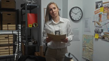 Ciddi bir genç kadın dedektif dağınık bir polis karakolunda elinde kanıt panosunun yanında bir dosya tutuyor..