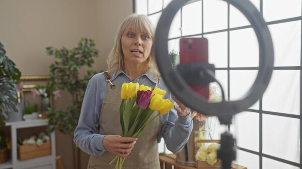 Blonde Woman Holding Tulips Flower Shop Recording Vlog Phone Ring Royalty Free Stock Photos