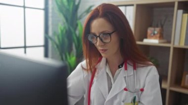 Gülümseyen kızıl saçlı kadın doktor klinikte çalışıyor ve başarıyı kutluyor.