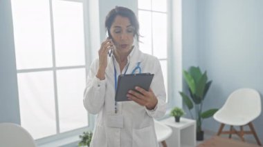 Profesyonel İspanyol kadın doktor klinikte tablet ve telefonla birden fazla iş yapıyor.