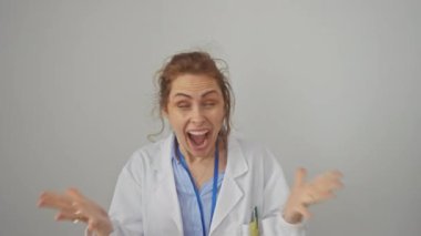 Doktor önlüklü neşeli beyaz kadın, kolları muzaffer bir galibiyetle kalkıyor! Beyaz arkaplanda izole edilmiş neşeli bir başarı resmi