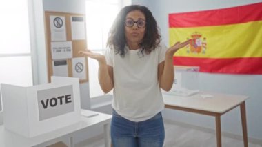 İspanyol asıllı orta yaşlı kadın oy pusulasından bihaber ve kafası karışmış halde İspanyol seçim okulunda şaşkın bir ifadeyle ayağa kalkmış.