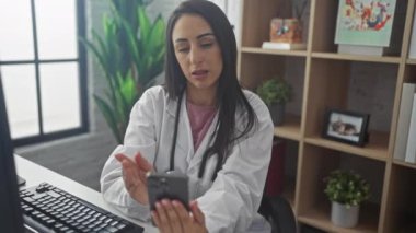 Klinikte genç bir İspanyol kadın doktor akıllı telefon kullanarak tele sağlık danışmanlığı yapıyor..