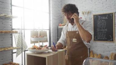 Pastanedeki genç adam telefonda konuşurken etrafta ekmek ve pastalarla notlar yazıyor.