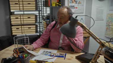 Çizgili tişörtlü ve pantolon askısı takmış orta yaşlı bir adam telefonda karmaşık bir ofis ortamında konuşuyor..