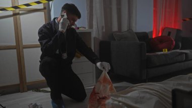 Dedektif, cinayet mahallindeki delilleri telefon ve kanlı kumaşla inceliyor..